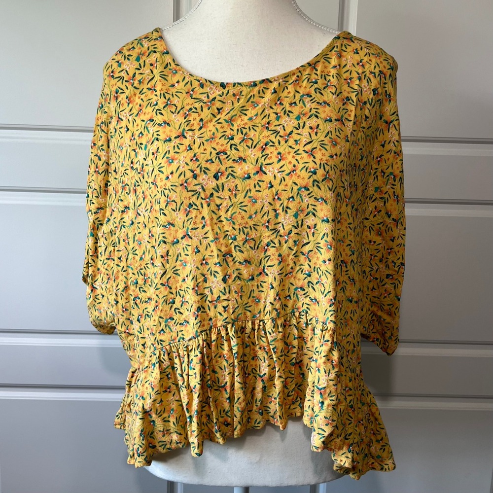 O'Neill Floral Print Peplum Top Flowy Blouse‎ Bohemian Yellow Medium